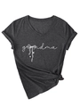 Detail of dark grey V-neck T-shirt with grandma print, bow stars and side knot design - Black Marled (White Font)