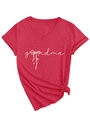 Detailed view of Grandma text and bow print on red V-neck casual short sleeve T-shirt - Red (White Font)