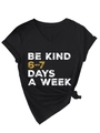 Close-up of Be Kind V-neck T-shirt with gold graphic slogan and side knot detail - Black (White Graphics)