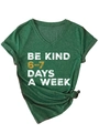 Detail of V-neck heather green T-shirt with Be Kind slogan and knotted hem styling - Vintage Green (White Graphics)