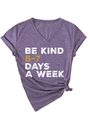 Detail of V-neck heather purple T-shirt with BE KIND print and front knot hem design - Purple (White Graphics)