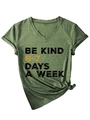 Detail of army green V-neck T-shirt with Be Kind slogan and trendy side-knot styling - Olive Green (Black Graphics)