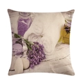 Quadratischer Kissenbezug aus Leinen mit lila Lavendel-SPA-Motiv und Ätherische-Öl-Druck - 45x45cm / Lavendel-SPA-Badesalz (10)