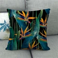 Detail of tropical bird of paradise floral print on linen pillowcase over a grey sofa - Black Background Bird of Paradise (9)