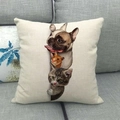 Close-up of linen cushion cover with vivid 3D cat and dog pets print on grey sofa - 3D Peeking Pets Combo Style