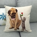 Close-up of linen pillowcase with cat and dog print on a gray fabric sofa - Big Dog and Flower Cat Style