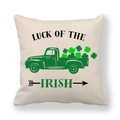 St. Patrick's Day linen pillow cover featuring a green truck with shamrocks and Irish luck text - Green Truck Carrying Shamrocks Style (13)