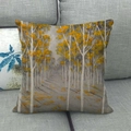 Autumn forest scenery linen cushion cover with watercolor trees on gray sofa - Hand-painted Golden Woods (12) / 45x45cm
