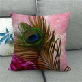 Peacock feather watercolor print linen throw pillow case on a grey sofa - Pink Art Background Peacock Feather (1)