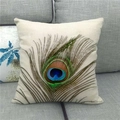 Macro shot of peacock feather watercolor print on natural linen square pillow cover - Single Peacock Feather on Off-white Background (3)