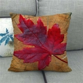 Detailed view of maple leaf print on linen pillowcase against wood grain background - Maple Leaf with Wood Grain Background Style