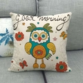 Housse de coussin en lin hibou dessin animé avec imprimé Good morning déco - 45x45cm / Style Hibou Frais à Grands Yeux (7)