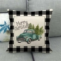 Nahaufnahme des Leinenkissenbezugs mit Oldtimer-LKW, Tannenbaum und Frohe Weihnachten - Retro Grüner Pickup Stil (2)
