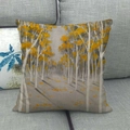 Square autumn forest linen cushion cover featuring bright yellow tree design on a grey sofa - Impressionist Autumn Forest (13) / 45x45cm