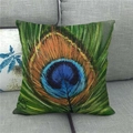 Close-up of vibrant peacock feather printed on a textured linen square cushion cover - Feather Style With Artistic Signature 7 (7)