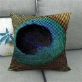 Detail view of linen peacock feather pillowcase on a sofa showing fabric texture - Metallic Texture Eye Style 19 (19)