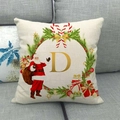 Linen Christmas pillowcase featuring Santa Claus wreath and letter D print for decor - 18x18 Inch / Letter D Style / Off White