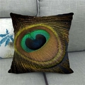 Close-up of peacock feather print texture on linen decorative throw pillow case - Fine Peacock Green Royal Blue Style 13 (13)