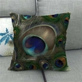 Detailed peacock feather pattern print on a square linen cushion cover displayed on a sofa - High Precision Realistic Detail Style 16 (16)