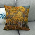 Square linen pillow cover with yellow autumn forest oil painting print on a grey sofa - Bright Autumn Forest Scenery (16) / 45x45cm