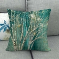 Linen pillow cover with artistic teal birch forest landscape on grey sofa - Green Birch Forest Scenery (18) / 45x45cm