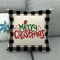 Close-up of Merry Christmas linen pillowcase with black and white plaid border on sofa - 18x18 Inch / Red and Green Merry Christmas with Hat (8)