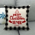 Close-up of linen Christmas pillowcase with buffalo plaid border and festive tree print - 18x18 Inch / MERRY Christmas TO YOU Line Art Tree (16)