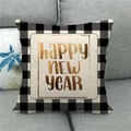 Close-up of linen New Year pillow cover with gold lettering and buffalo plaid border - New Year Theme Style (2)