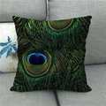 Linen square throw pillow cover featuring vibrant peacock feather pattern on a sofa - Dark Green Royal Blue Bronze Style 21 (21)