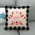 Close-up of linen Christmas pillow cover with red reindeer and black buffalo check border - Red Reindeer Print Style (9) / 45x45cm