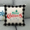 Close-up of Merry Christmas linen pillow cover with buffalo plaid border on sofa - Painted Tree And Snowflake Style (14) / 45x45cm