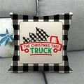 Detailed texture of linen pillowcase with red Christmas truck and buffalo plaid border - Vintage Truck Christmas Tree Style (12) / 45x45cm