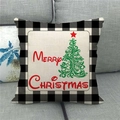 Detail of linen Christmas pillowcase featuring a green tree and buffalo plaid border - Green Line Christmas Tree Style (11) / 45x45cm