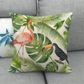 Linen pillowcase with tropical flamingo and monstera leaf print on a grey sofa - 18x18 Inch / Flamingo Tropical Style (12)