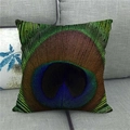Peacock feather print linen cushion cover displayed on a modern grey sofa - Realistic Peacock Plume Style (22)