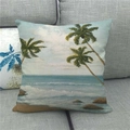 Détail de la housse de coussin en lin avec motif de plage tropicale et de palmiers - Style Plage Tropicale Palmiers (8)