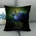 Detailed view of peacock feather texture and inspirational script on linen pillow cover - 45x45cm / Deep Green Peacock Quote Style (1)