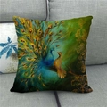 Close-up of vintage peacock oil painting style pattern on high-quality linen cushion cover - 45x45cm / Oil Painting Double Peacocks Style (2)