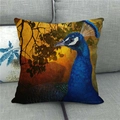 Detailed texture of peacock art print linen pillowcase on a grey sofa background - 45x45cm / Art Signature Peacock Style (3)