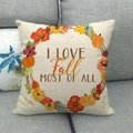 Detail of linen fall pillow cover featuring a pumpkin wreath and seasonal quote text - Beige Cotton Linen I LOVE Fall Style (8)