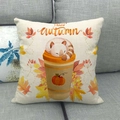 Linen pillowcase with autumn cat, pumpkin and wreath on a grey sofa background - Light Beige Cat Coffee HELLO autumn Style (9)