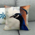Detailed peacock head print on a square linen throw pillowcase on a grey sofa - Realistic Peacock Feather Detail