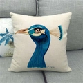 Detail of artistic peacock head illustration on a beige linen square pillowcase on sofa - Artistic Oil Painting Peacock Profile
