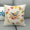 Close-up of linen pillowcase featuring fall wreath with bird and maple leaf details - Beige Cotton Linen Bird Plant Circle Style (13)