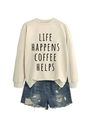 Flat lay of beige crewneck sweatshirt with Life Happens Coffee Helps text and denim shorts - S / Sand (Black Font)