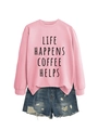 Close-up of pink crewneck sweatshirt with Life Happens Coffee Helps text and denim shorts - S / Pink (Black Font)