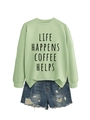 Flat lay of a mint green sweatshirt with Life Happens Coffee Helps text and denim shorts - S / Olive Green (Black Font)