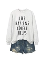 Light gray crewneck sweatshirt with coffee quote paired with distressed denim shorts - S / Off White (Black Font)