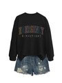 Detail of black sweatshirt with colorful Emergency Department print and denim shorts - Black