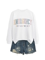 Close-up of Emergency Department print on white sweatshirt and ripped denim shorts - White